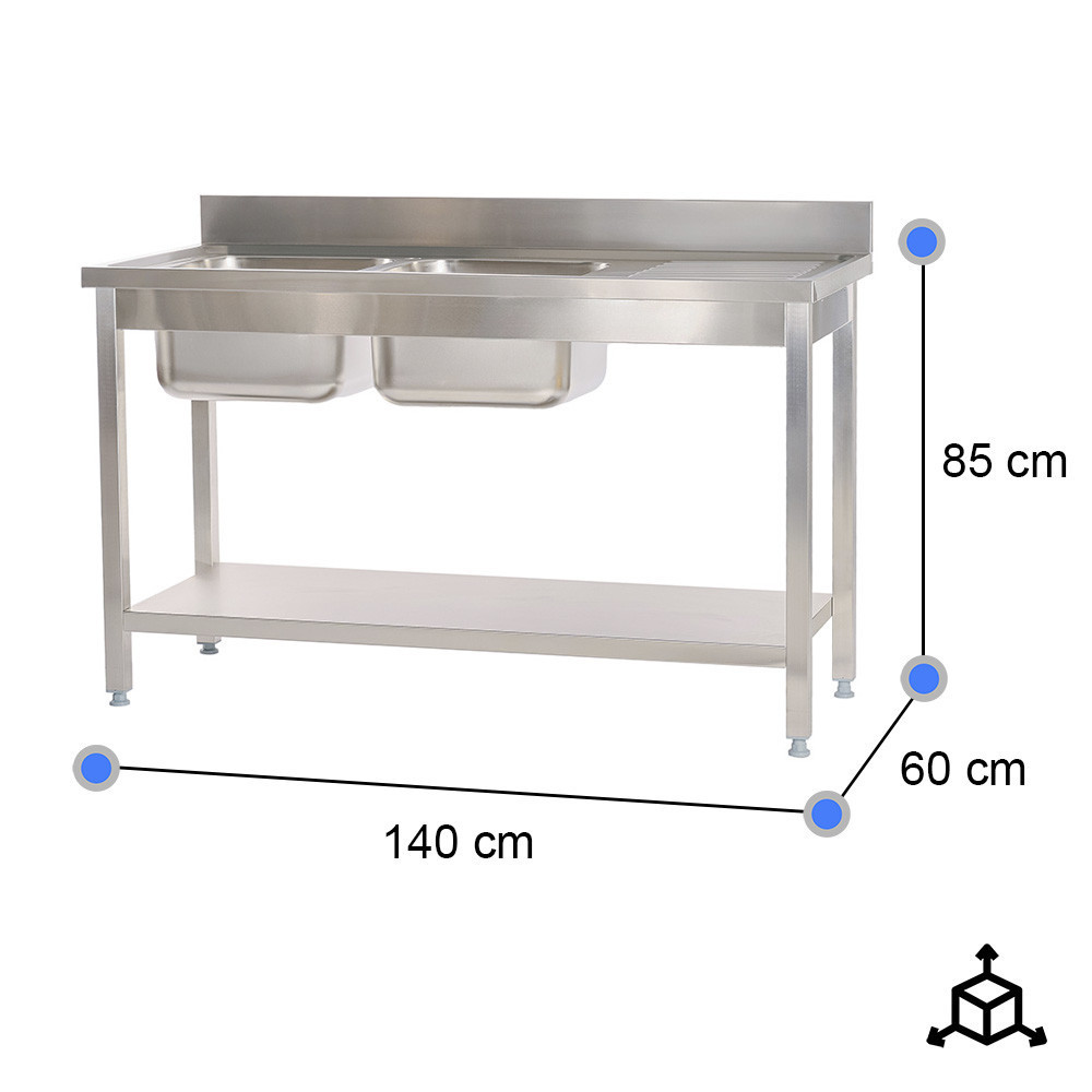 Fregadero 2 Senos Izquierda 1400x600 mm | Equipamiento Industrial