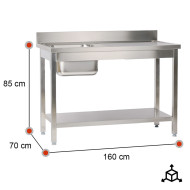 Fregadero con 1 Seno 1600x700 mm Romux | Equipamiento Industrial