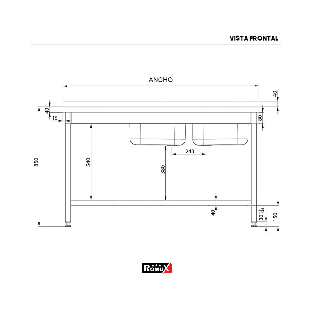 Fregadero 2 Senos 1400x700 mm Romux | Equipamiento Industrial
