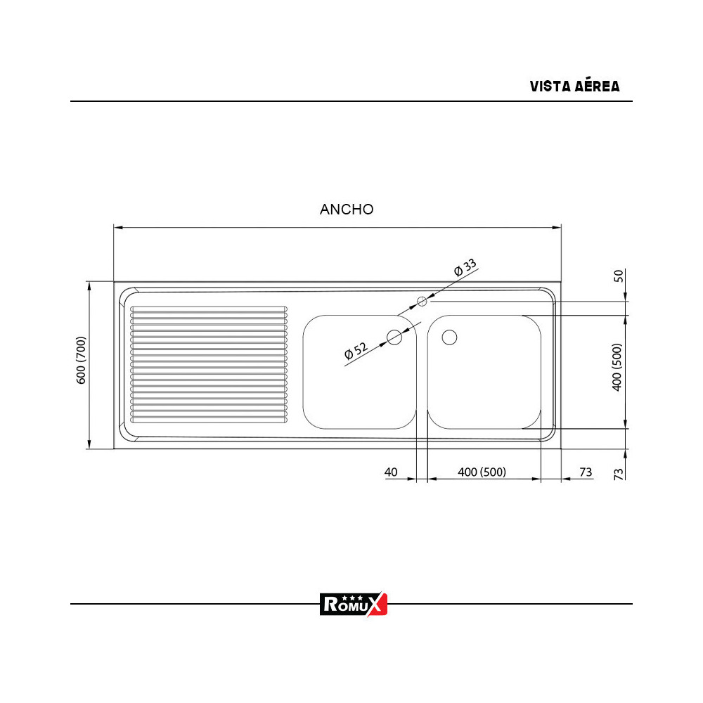 Fregadero 2 Senos 1400x700 mm Romux | Equipamiento Industrial