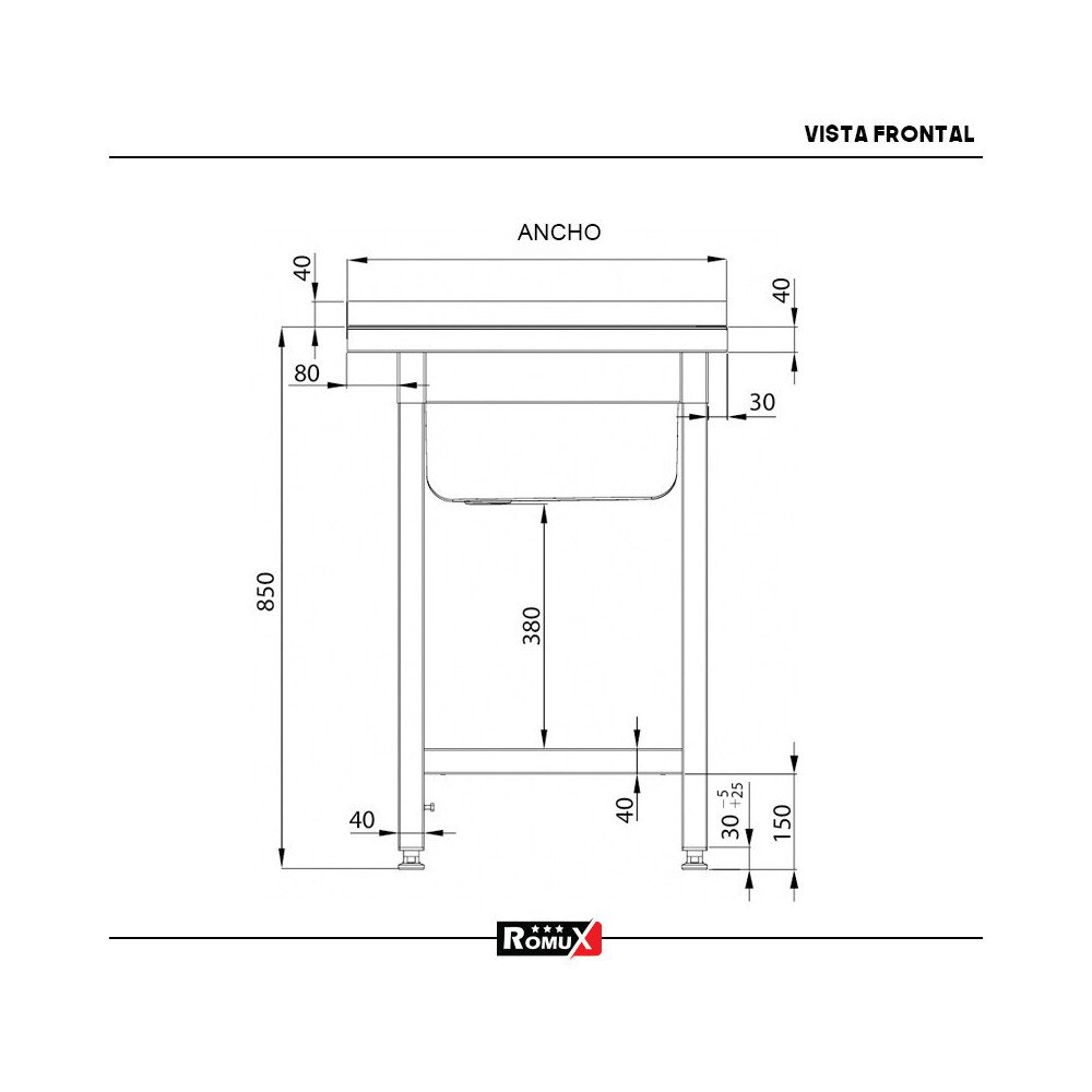 Fregadero 1 Seno 600x600 mm Desmontable Romux | Equipamiento Industrial
