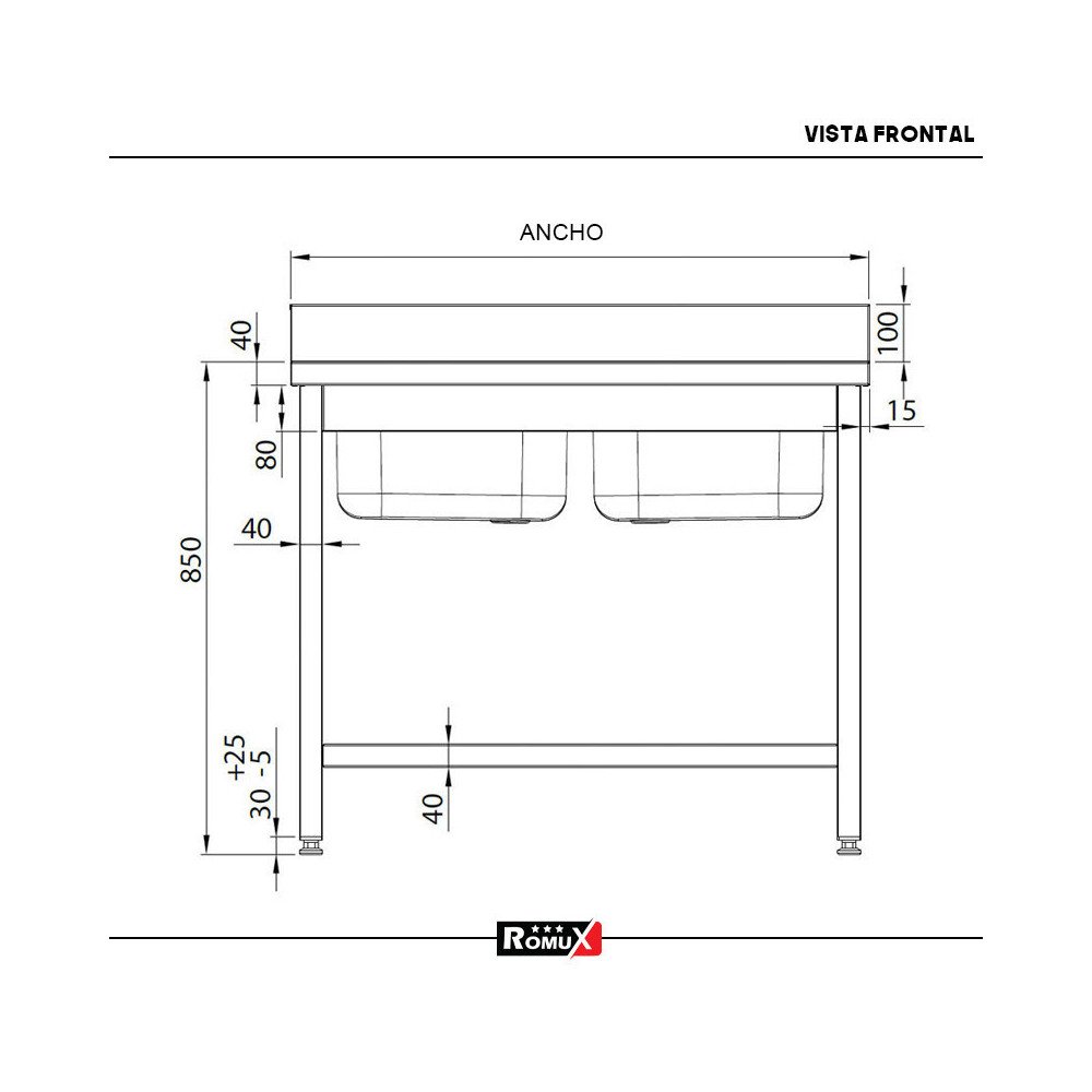Fregadero Doble 1000x600 mm Desmontable Romux | Lavado Industrial