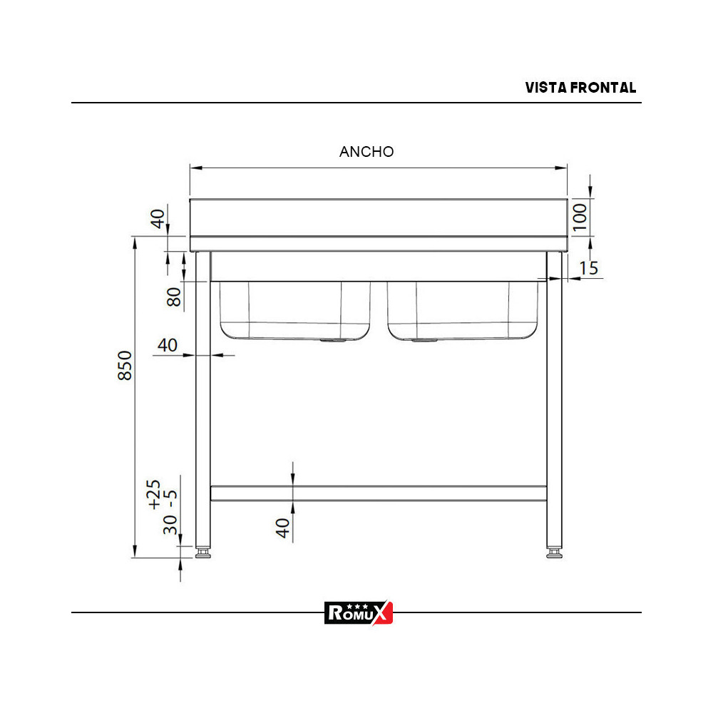 Fregadero 2 Senos 1000x700 mm Romux | Lavado Industrial