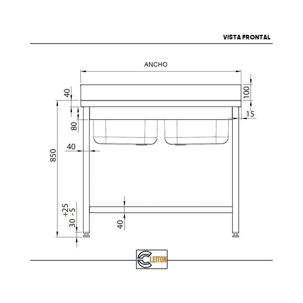 Fregadero 2 Senos 1000x700x850mm Cleiton | Equipamiento Industrial