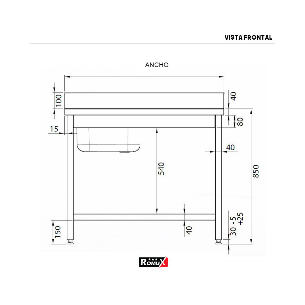 Fregadero con 1 Seno Izquierda 1600x600 Romux | Equipamiento Industrial