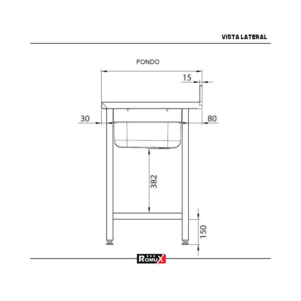Fregadero con 1 Seno 1600x700 mm Romux | Equipamiento Industrial