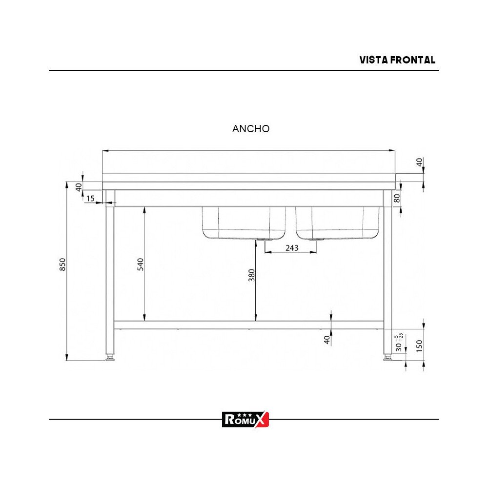 Fregadero Doble Desmontable 1600x600 mm Romux | Lavado Hostelería