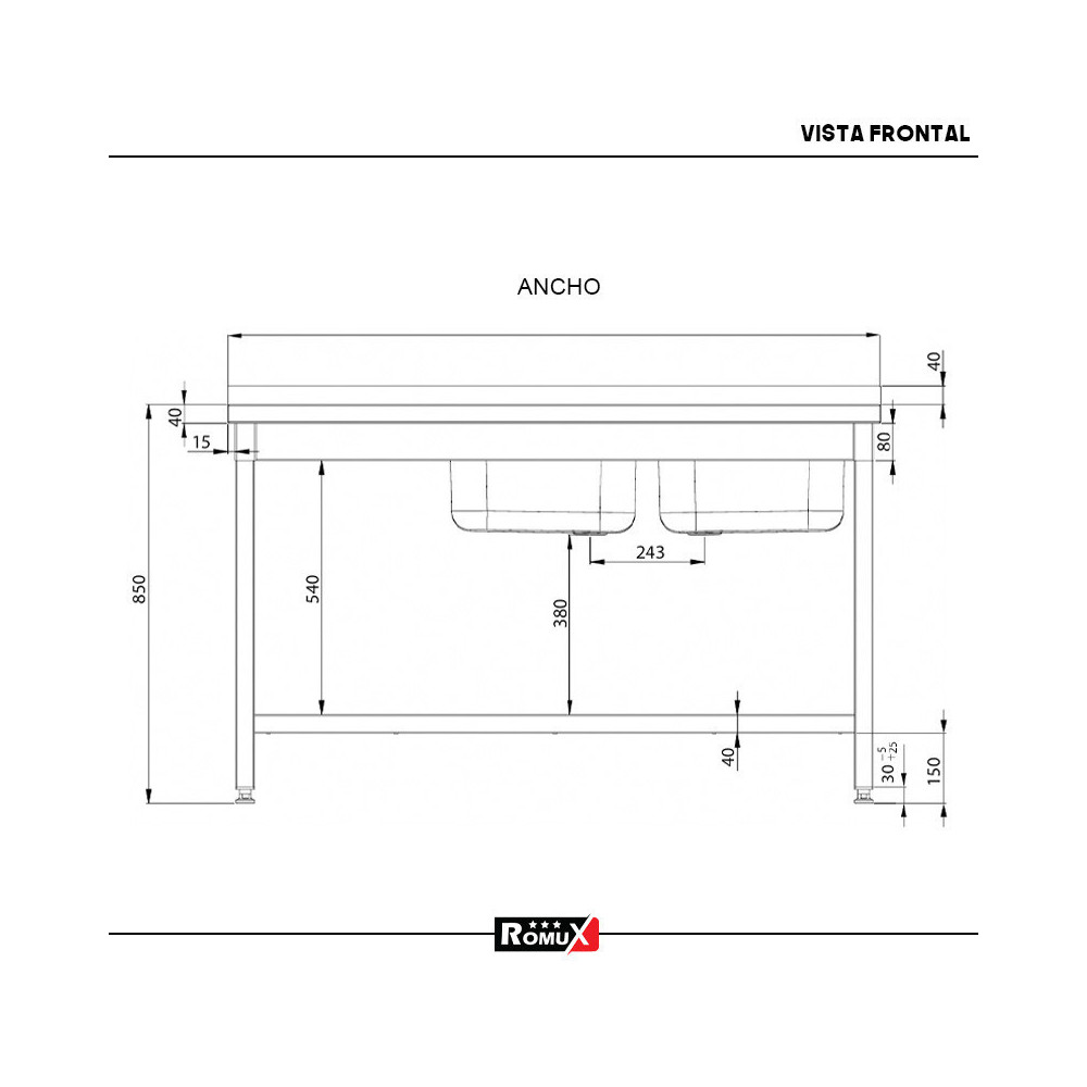 Fregadero 2 Senos 1600x700x850 mm Romux | Equipamiento Industrial
