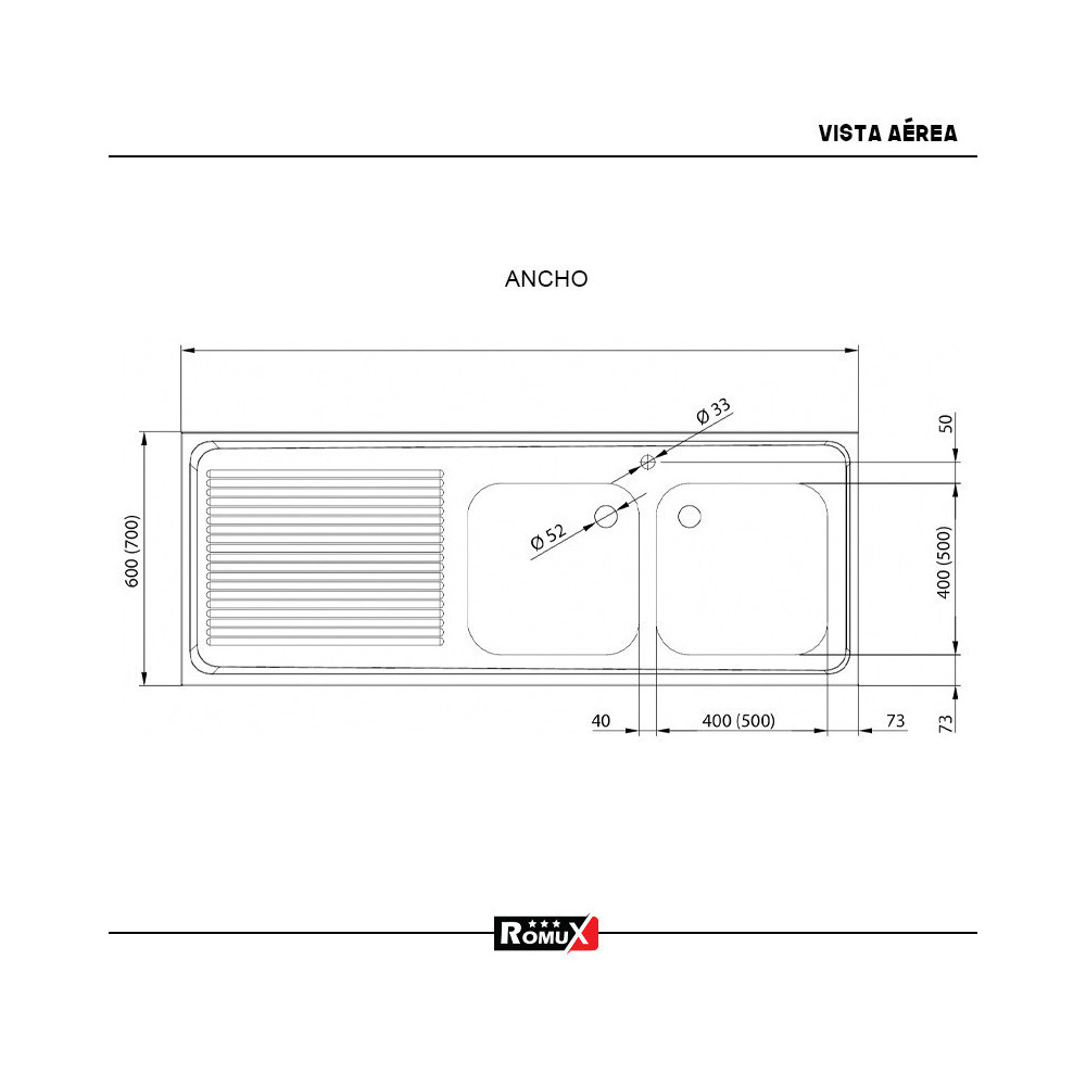 Fregadero 2 Senos 1600x700x850 mm Romux | Equipamiento Industrial