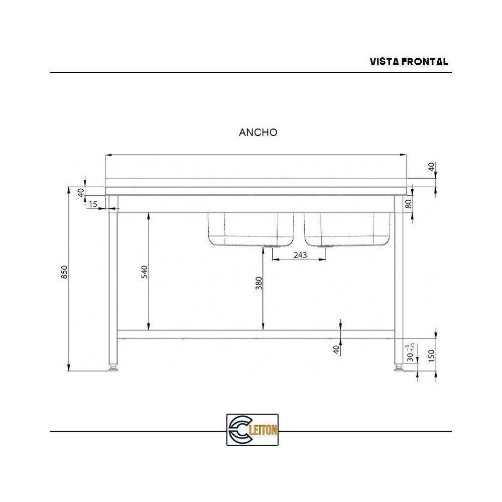 Fregadero 2 Senos 1600x700 mm Cleiton | Equipamiento Industrial