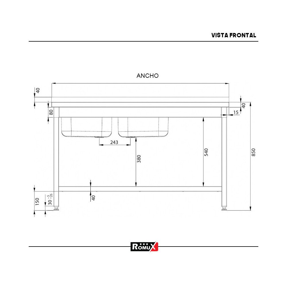 Fregadero 2 Senos 1600x600x850mm Romux | Equipamiento Industrial