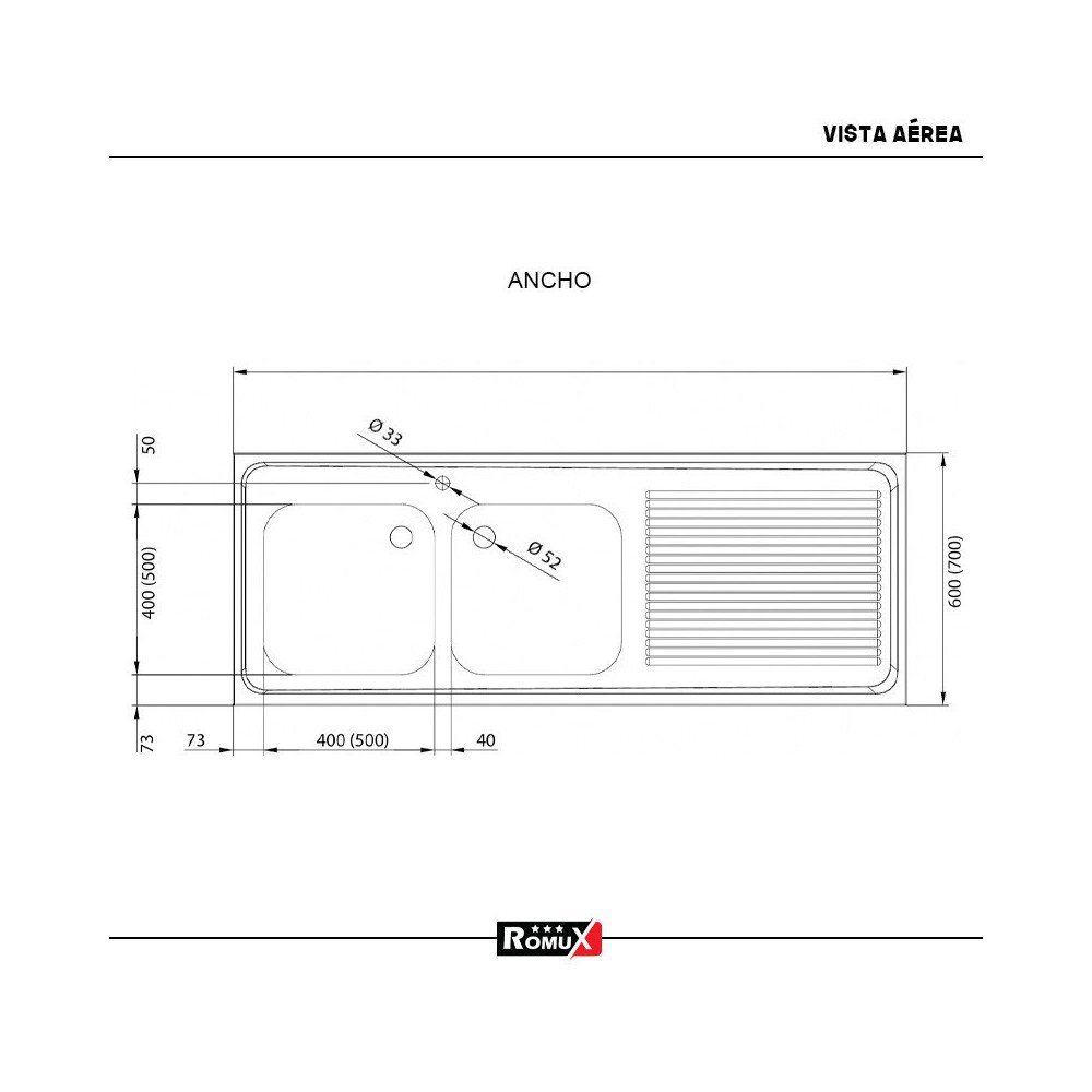 Fregadero 2 Senos 1600x600x850mm Romux | Equipamiento Industrial