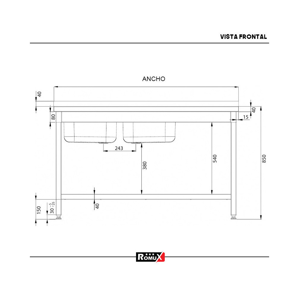 Fregadero con 2 Senos 1400x700 mm Romux | Lavado Industrial