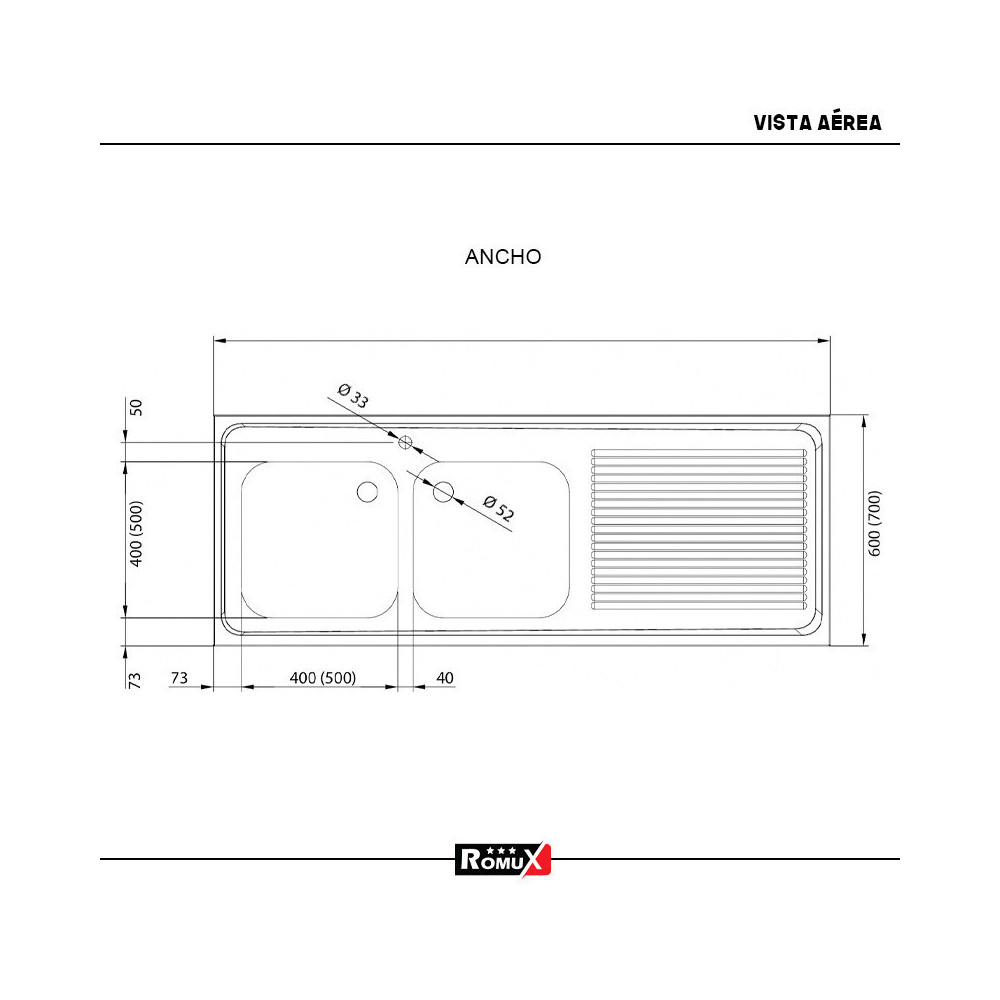 Fregadero con 2 Senos 1400x700 mm Romux | Lavado Industrial