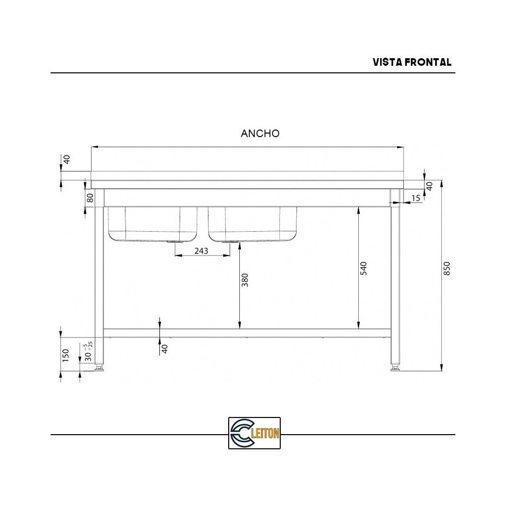 Fregadero Industrial 2 Senos 1400x700mm Cleiton | Equipamiento Hostelería