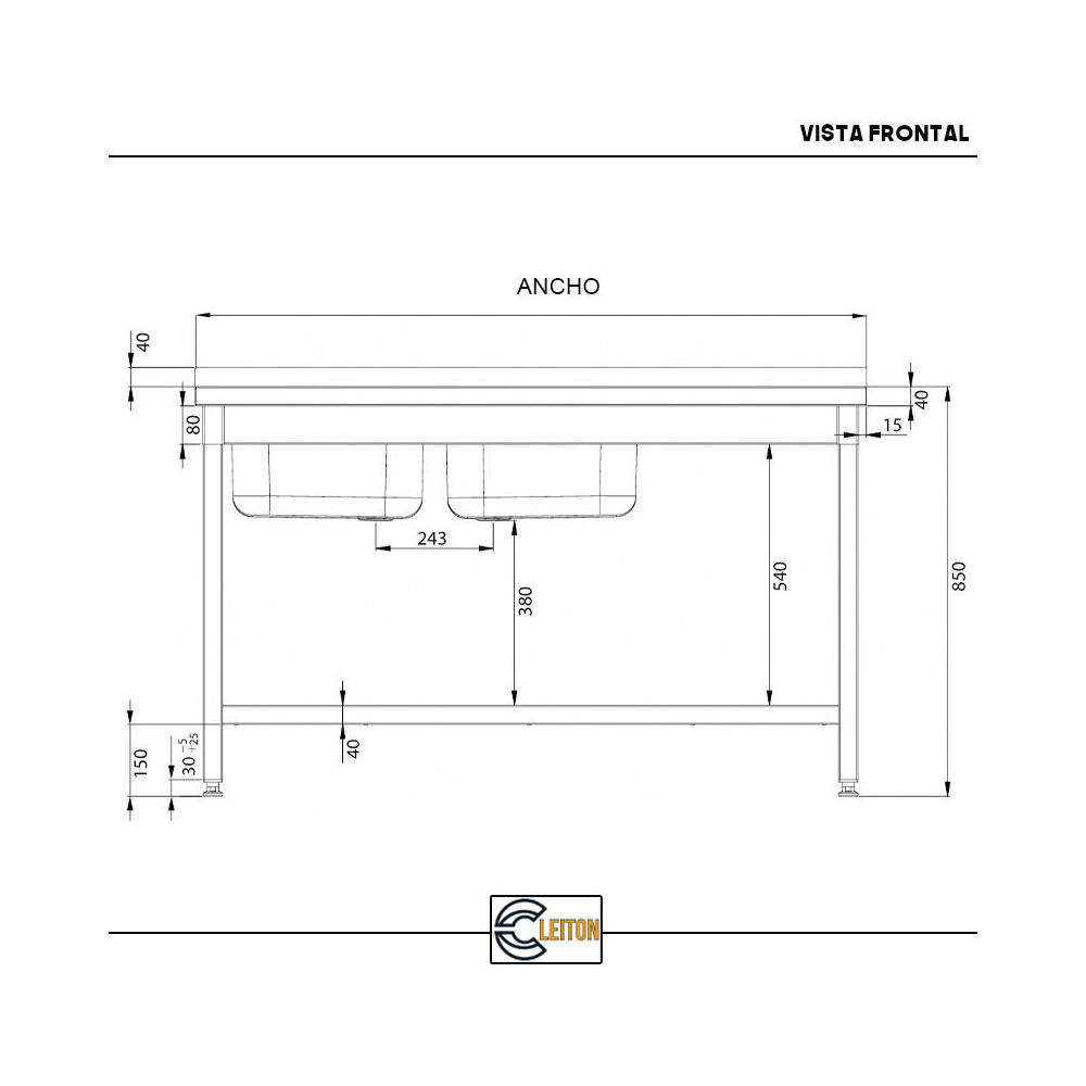 Fregadero 2 Senos Desmontable 1600x700 mm | Lavado Industrial