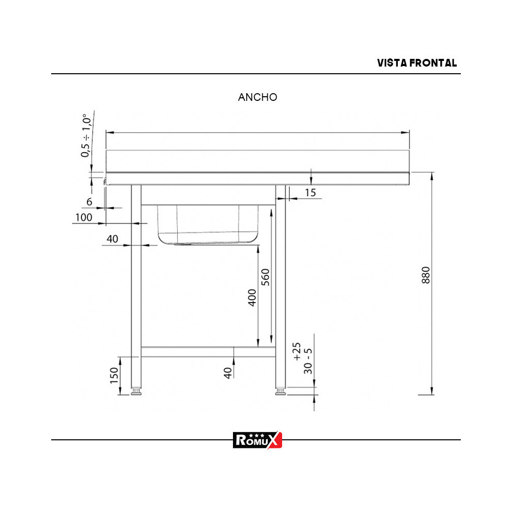 Fregadero 1 Seno 1200x700mm Romux | Equipamiento Industrial