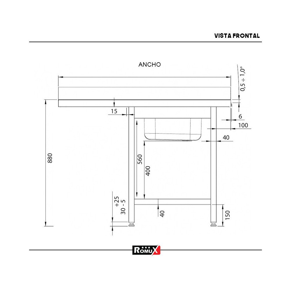 Fregadero 1 Seno 1200x700mm Desmontable Romux | Lavado Industrial