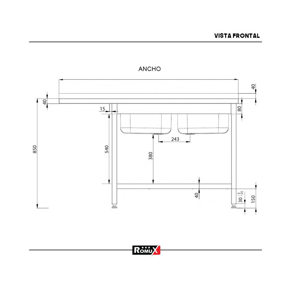 Fregadero 2 Senos 1600x700mm Romux | Equipamiento Industrial