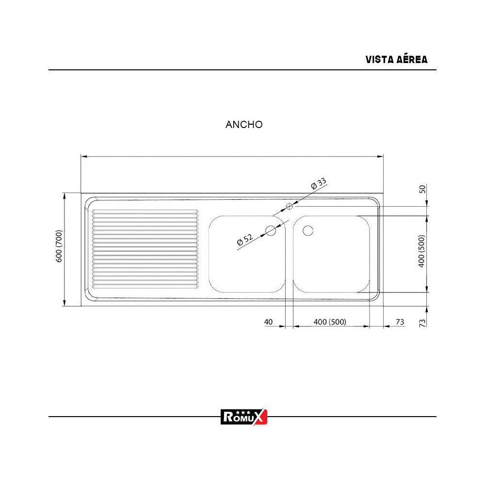 Fregadero 2 Senos 1600x700mm Romux | Equipamiento Industrial