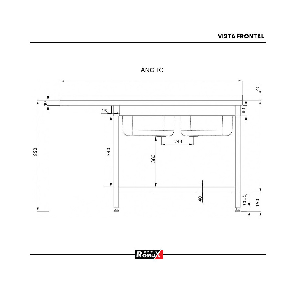 Fregadero 2 Senos 1800x700mm Romux | Equipamiento Industrial