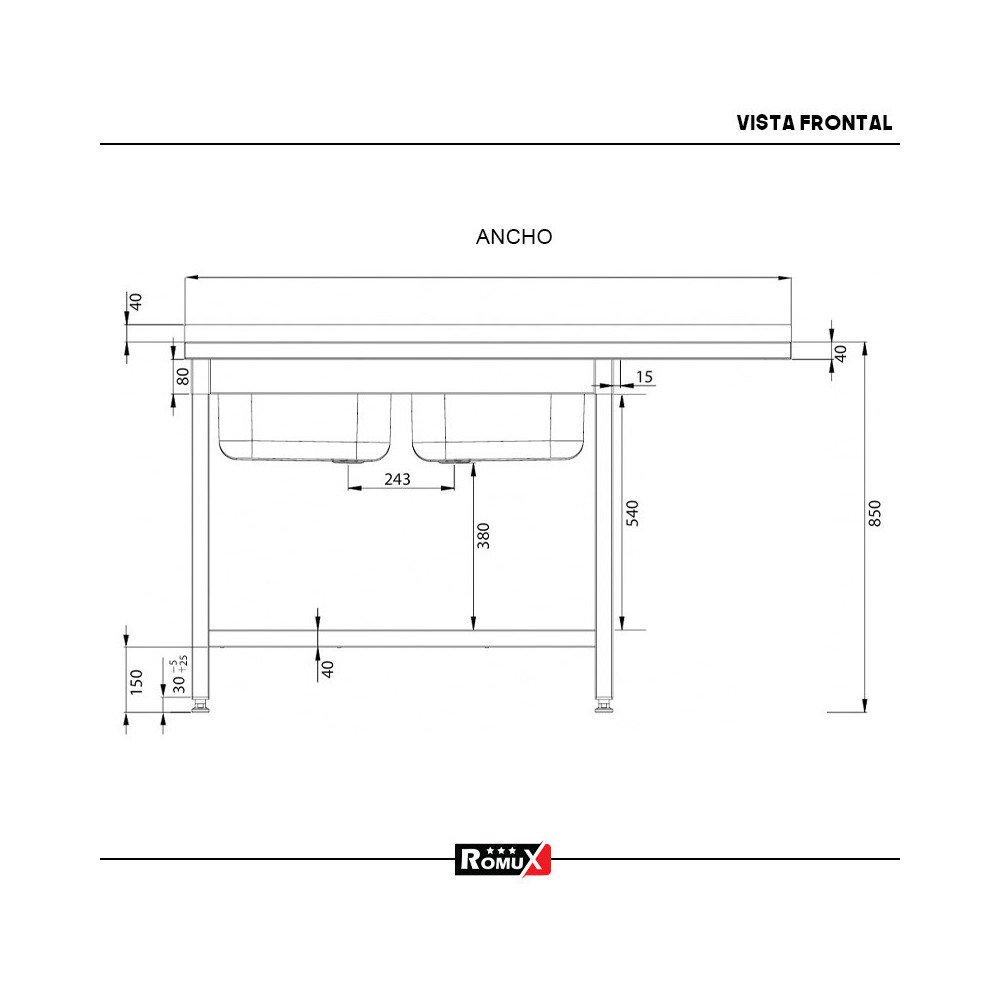 Fregadero 2 Senos 1800x700 mm Romux | Equipamiento Industrial