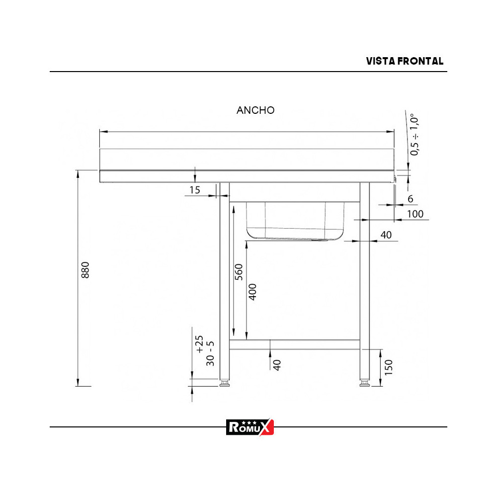 Fregadero 1 Seno 1400x700x900 mm Romux | Equipamiento Industrial