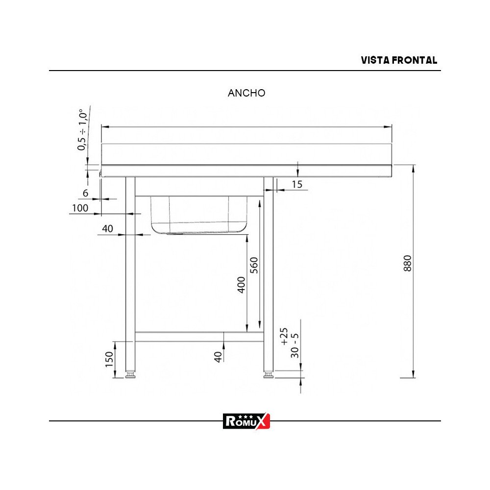 Fregadero 1 Seno 1400x700 mm Desmontable Romux | Equipamiento Industrial