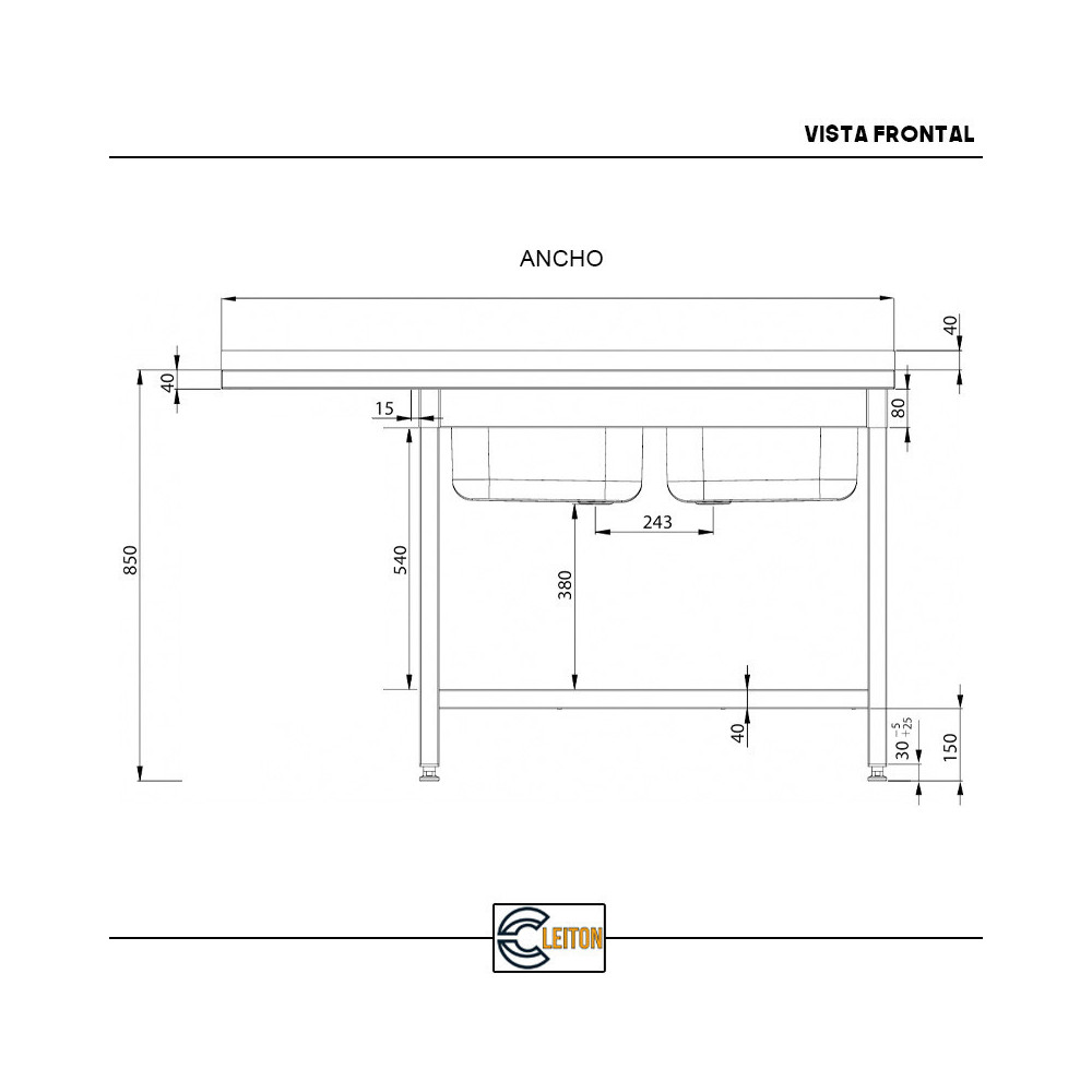 Fregadero 2 Senos 1600x700 mm Desmontable Cleiton | Equipamiento Industrial