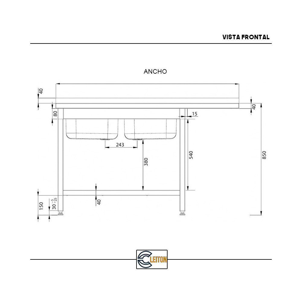 Fregadero 2 Senos 1800x700 mm Cleiton | Lavado Industrial