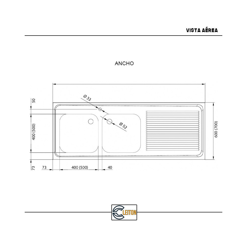 Fregadero 2 Senos 1800x700 mm Cleiton | Lavado Industrial
