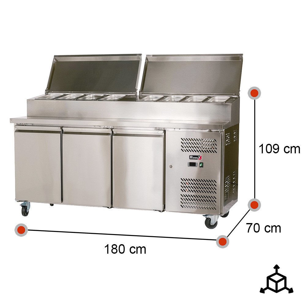 Mesa Ensaladera Refrigerada 180 cm 3 Puertas 10 Cubetas GN 1/3 Romux