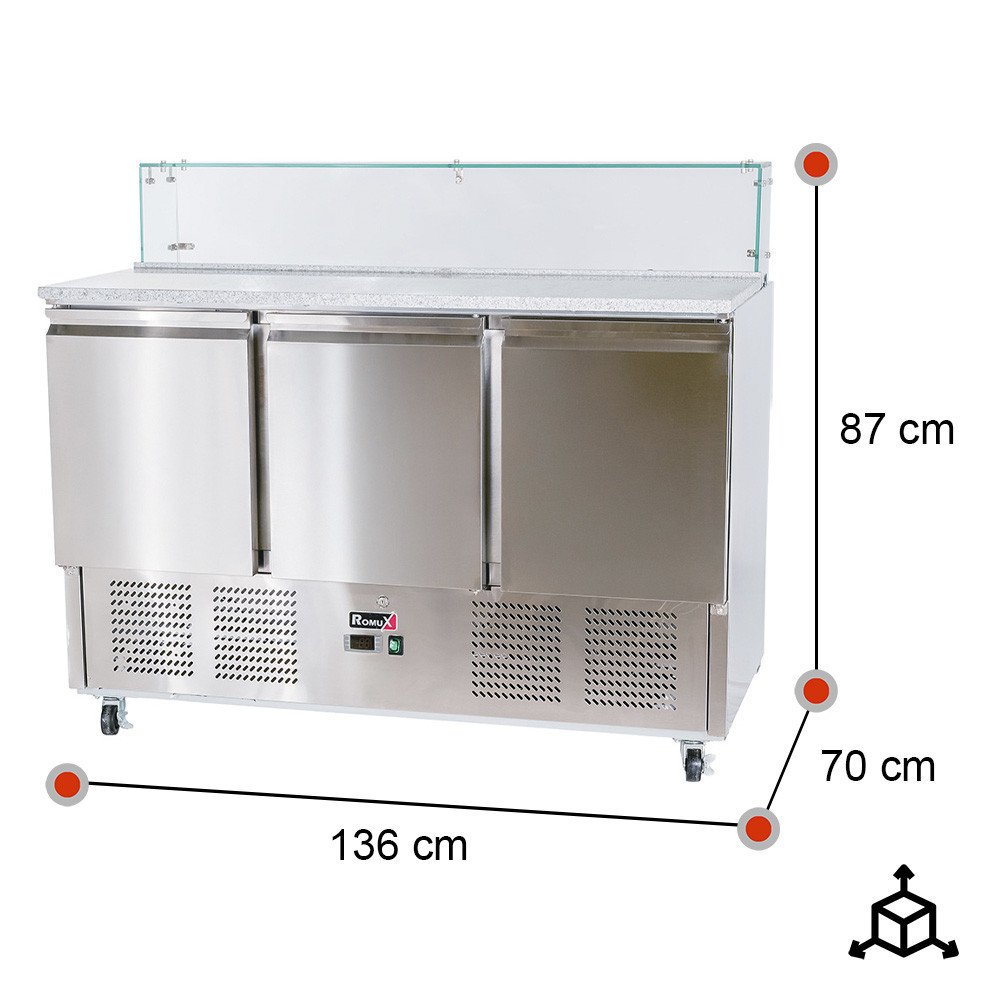 Mesa preparación fría 136 cm 3 puertas con cúpula cristal ROMUX
