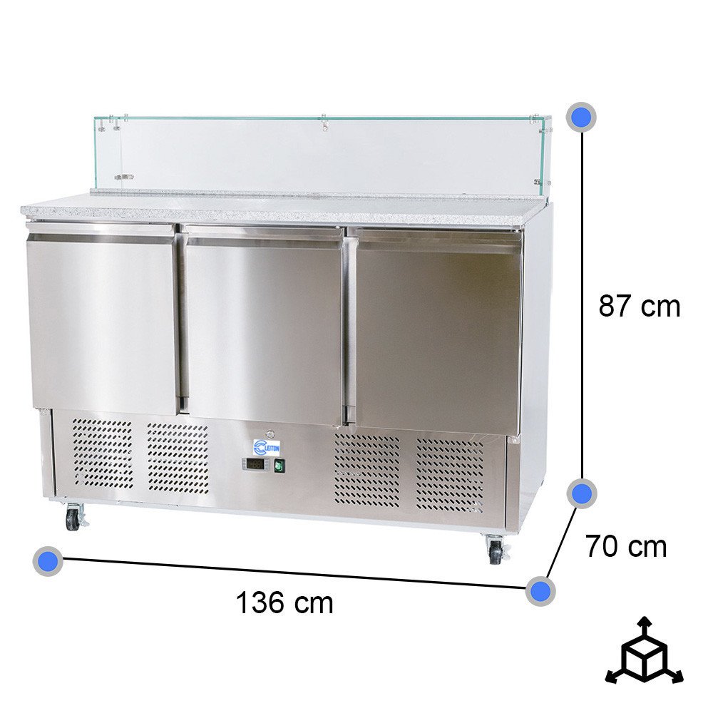 Mesa preparación fría 136 cm 3 puertas con cúpula cristal CLEITON