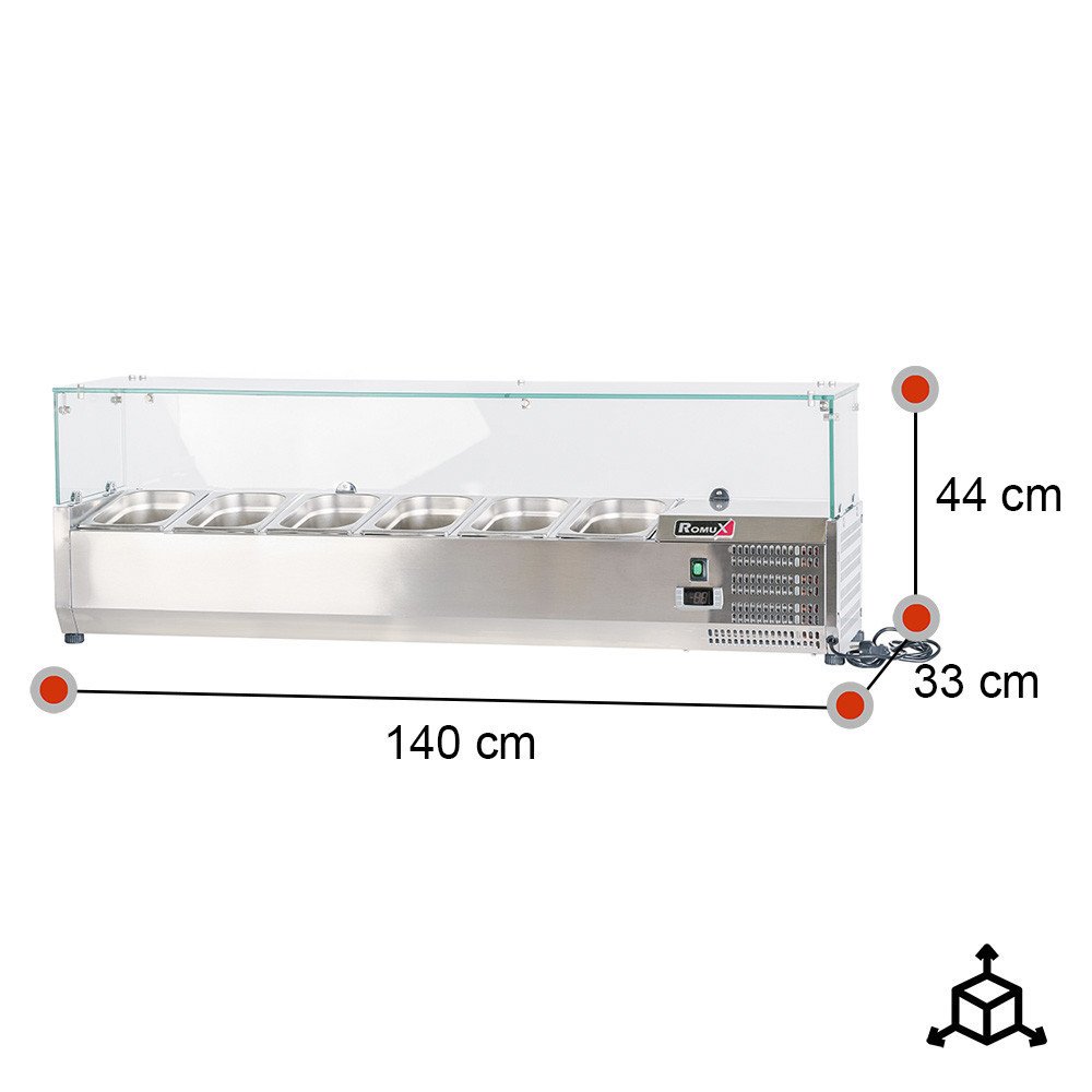 Vitrina refrigerada ROMUX 140x33 cm - 6 cubetas GN 1/4