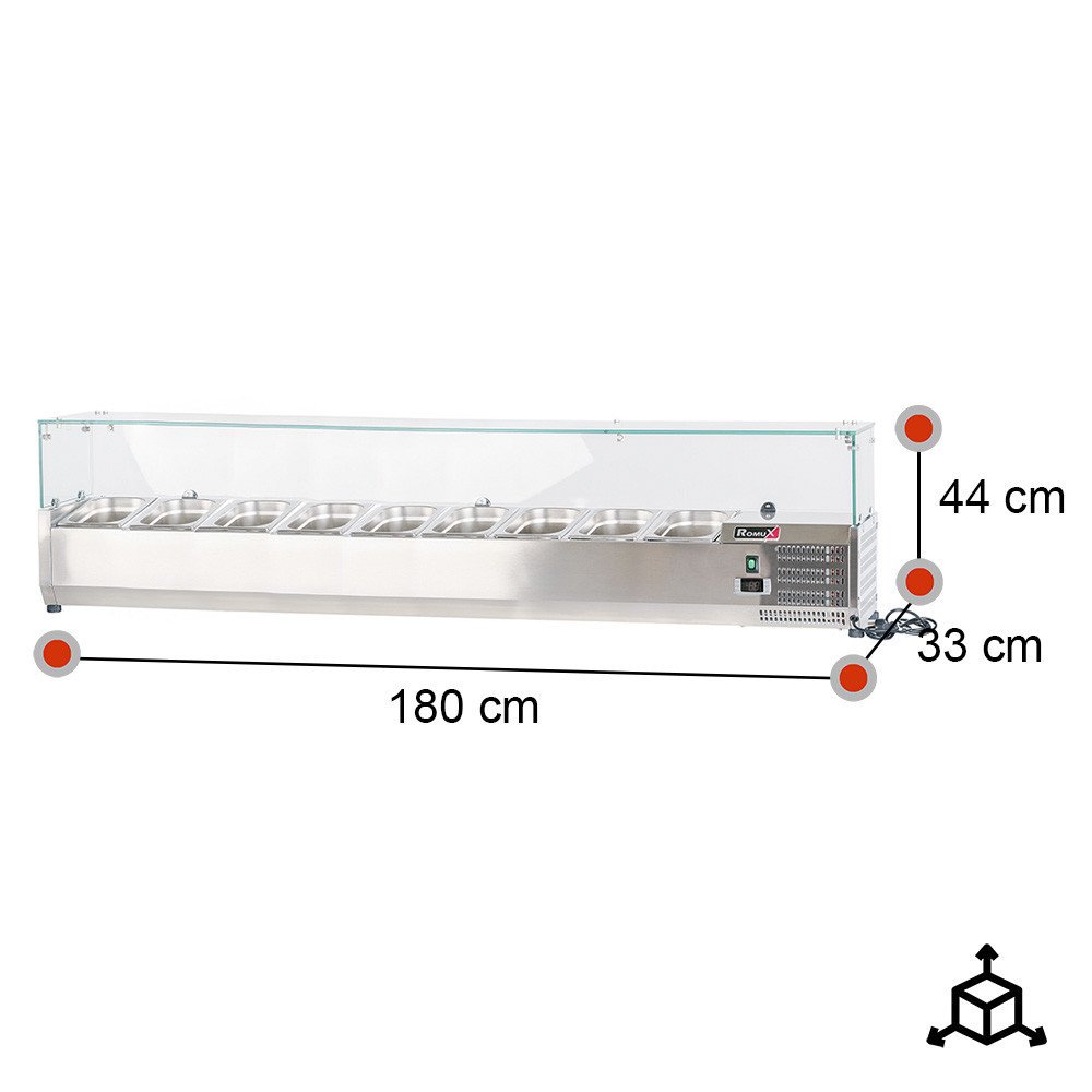 Vitrina refrigerada Romux 180x33 cm - 9 cubetas GN 1/4