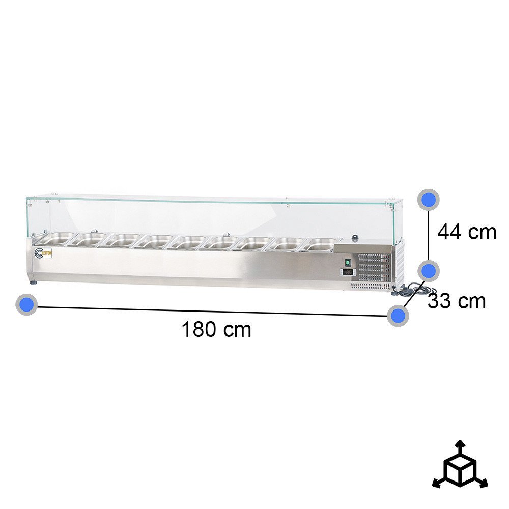 Vitrina refrigerada Cleiton 180x33 cm - 9 cubetas GN 1/4