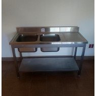 48. Fregadero con 2 Senos Escurridor Derecha con Estante 1400x600x850 mm Desmontable (AC-199)