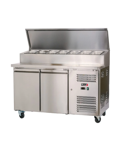 Mesa Ensaladera Refrigerada de 2 Puertas 151x80 cm para Cubetas GN con Tapa Abatible de Acero ROMUX | Hostelería