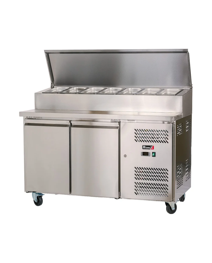 Mesa Ensaladera Refrigerada de 2 Puertas 151x80 cm para Cubetas GN con Tapa Abatible de Acero ROMUX | Hostelería