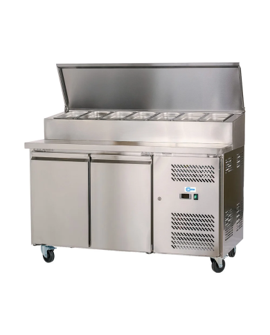 Mesa Ensaladera Refrigerada de 2 Puertas 151x80 cm para Cubetas GN con Tapa Abatible de Acero CLEITON | Hostelería