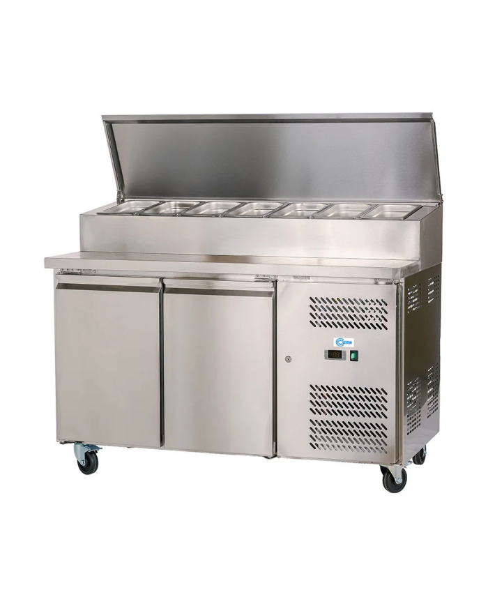 Mesa Ensaladera Refrigerada de 2 Puertas 151x80 cm para Cubetas GN con Tapa Abatible de Acero CLEITON | Hostelería