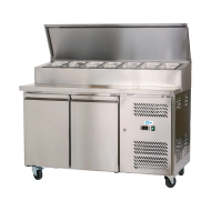 Mesa Ensaladera Refrigerada de 2 Puertas 151x80 cm para Cubetas GN con Tapa Abatible de Acero CLEITON | Hostelería