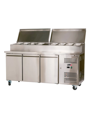Mesa Ensaladera Refrigerada de 3 Puertas 202x80 cm para Cubetas GN con Tapa Abatible de Acero ROMUX | Hostelería