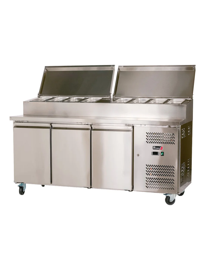 Mesa Ensaladera Refrigerada de 3 Puertas 202x80 cm para Cubetas GN con Tapa Abatible de Acero ROMUX | Hostelería