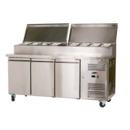 Mesa Ensaladera Refrigerada de 3 Puertas 202x80 cm para Cubetas GN con Tapa Abatible de Acero ROMUX | Hostelería
