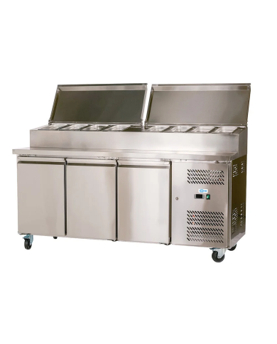 Mesa Ensaladera Refrigerada de 3 Puertas 202x80 cm para Cubetas GN con Tapa Abatible de Acero Cleiton | Hostelería