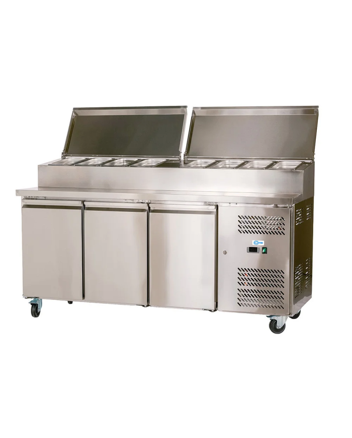 Mesa Ensaladera Refrigerada de 3 Puertas 202x80 cm para Cubetas GN con Tapa Abatible de Acero Cleiton | Hostelería