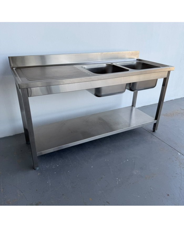 145. Fregadero con 2 Senos Escurridor Izquierda con Estante 1600x600x850 mm Desmontable (AC-188)