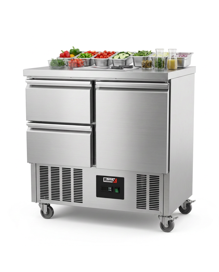 Mesa Fría De Preparación Acero Inoxidable 1 Puerta 2 Cajones 220 Litro
